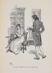 Começou a elogiá-la pela sua aparência melhorada", para Jane Austen romance 1897 (gravura)