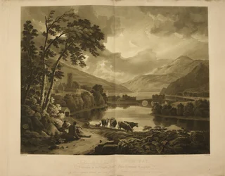 Ilustração mostrando uma vista de Kenmore em Loch Tay na Escócia. Uma paisagem de lago e montanha nas Terras Altas.