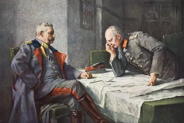 O general von Hindenburg e o quartel-mestre-general Erich von Ludendorff à mesa de mapas