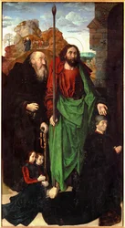 Tommaso Portinari e os seus dois filhos, ladeados por Santo António e São Tomé (têmpera sobre madeira)