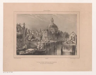 Gezicht op de Stromarkt, het Singel en de Lutherse kerk A Igreja Luterana. Vista tirada no Canal (conhecido como Singel) (título no objeto) Lembrança de Amsterdã Oito vistas desenhadas e litografadas da natureza por H. van Hove Bz. (título da série)