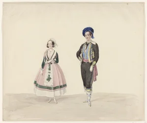 Homem e mulher em trajes históricos, 1841 Seis aquarelas de trajes históricos para o baile à fantasia em 1841 (título da série)