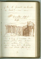 "Aspecto basáltico, Staffa", página do caderno pessoal de Sir Humphry Davy (tinta no papel)