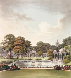 Vista da cúpula, Brighton Pavilion, gravado por Joseph Constantine Stadler (fl.1780-1812), publicado em 1808