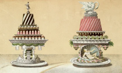 Design para a apresentação de Charlottes à la Reine & Pain de Framboises à la Leda, ilustração de um livro de culinária húngara sobre culinária francesa, c.1880