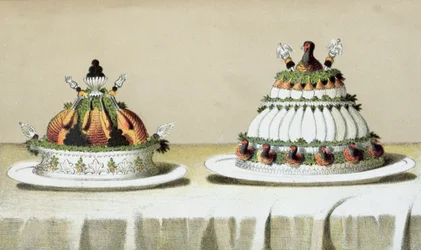 Projeto para a apresentação de frango recheado com foie gras e peitos de faisão cozidos à maneira de Berthold, ilustração de um livro de culinária húngara sobre culinária francesa, c.1880