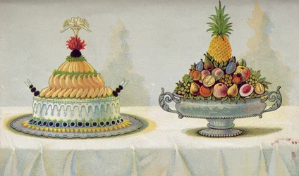Projeto para a apresentação de frango frito com maionese e alfazema numa cama de manteiga e gelo e frutas, ilustração de um livro de culinária húngara sobre culinária francesa, c.1880