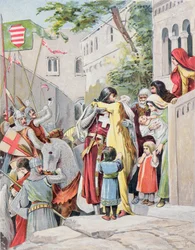 John Hunyadi abraça sua esposa, Erzsebet Szilagyi, quando ele parte para a batalha, c.1900