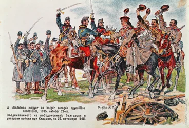 Postal representando a reunião dos exércitos húngaro e búlgaro em 27 de outubro de 1915 perto de Kladovo, 1915