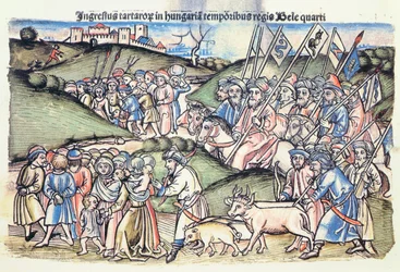 A Invasão Mongol da Hungria em 1241 durante o reinado de Bela IV de uma gravura em madeira colorida original)