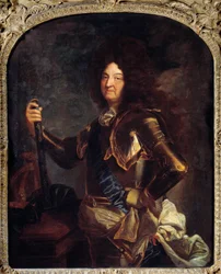 Retrato do Rei da França Luís XIV (1638-1715), em pintura de armadura de Hyacinthe Rigaud (1659-1743) Sol do século XVIII. 2,21x1,3 m