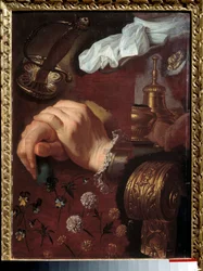 Estudo das mãos cruzadas, tecidos, flores, sino, epee Pintura de Hyacinthe Rigaud (1659-1743) Século XVIII Rouen, Musee des Beaux Arts
