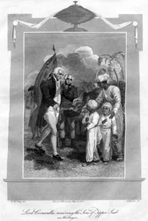 Lord Cornwallis 1738-1805 recebendo os filhos de Tippoo Saib como reféns, 1816.