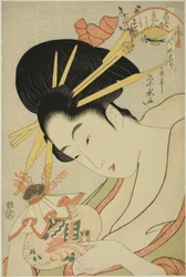 A cortesã Hanahito do Ogiya e as atendentes Sakura e Momiji, da série "Belezas dos Cinco Festivais (Bijin gosekku)"