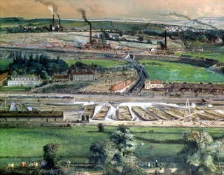 Paisagem industrial no campo de carvão Blanzy, Saone-et-Loire, c.1860 wc em detalhe de papel de 157397