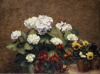 Hortênsias e estoques com dois vasos de amores-perfeitos, 1879