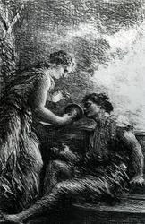 Sieglinde e Siegmund, cena da ópera de Wagner "The Valkyrie", 1887