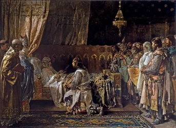 Tiago I o Conquistador (1208-1276) dá a sua espada ao seu filho Pedro III o Grande (1240-1285) - O Rei Tiago I o Conquistador dá a sua espada ao seu filho Pedro - por Pinazo Camarlench, Ignacio (1849-1916)
