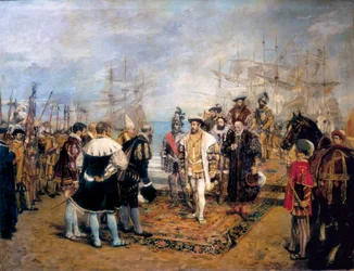 O desembarque de Francisco I (1494-1547) no porto de Valência (Espanha). Luis Villarrasa de Cavanilles (?), governador da cidade, dá as boas-vindas ao rei francês. Pintura por Ignacio Pinazo Camarlench (1849-1916), óleo sobre tela