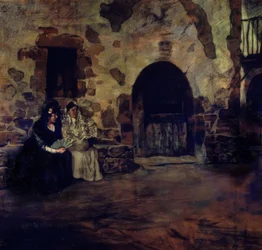 (DUAS MULHERES COM MANTILLA E VENTILADOR À PORTA DE CASERIO) - SÉCULO XX