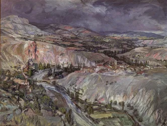 Zona rural em Navarra - século 20 - 75,5 × 09 cm - óleo sobre cartão
