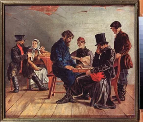 The Draughts Players (dois jogadores concentrados, um músico e um casal, numa taberna) - The Draughts Players - Pintura de Ignati Stepanovich Shchedrovsky (1815-1870), óleo sobre tela - Arte russa do século XIX - Museu Estatal de Arte, Nizhny Novgorod (Rús