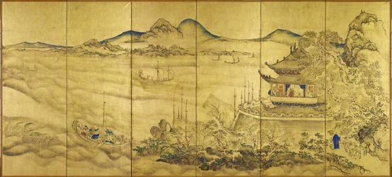 Paisagem com torre, c.1750 (ouro, tinta e cor sobre papel)