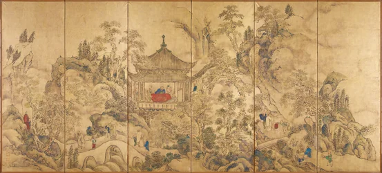 Paisagem com Pavilhão (Roukaku Sansui Zu, Paisagem com Torre) - Parte esquerda de um par de telas de seis painéis de Ike no Taiga (1723-1776), aquarela e tinta sobre papel, cerca de 1750 - Século XVIII Arte japonesa, paisagem Oriental - Tóquio Nacional M