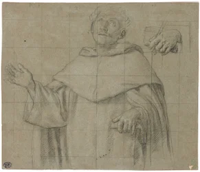 Um santo dominicano, talvez São Pedro Mártir, meio comprimento, segurando um livro