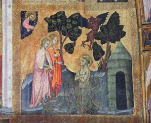 São Francisco se joga nas sarças espinhosas, afresco da Porciúncula, 1393