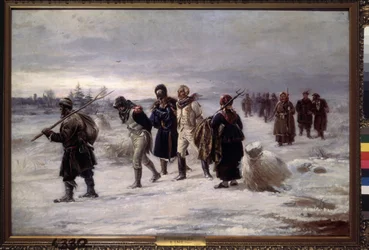 Em 1812. (Prisioneiros capturados da Grande Armée de Napoleão caminham na neve, exaustos, escoltados por camponeses russos). Pintura de Illarion Mikhailovich Pryanishnikov (1840-1894), óleo sobre tela