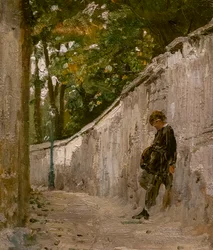 MENINO ENCOSTADO NA PAREDE DE UM JARDIM, MONTMARTRE