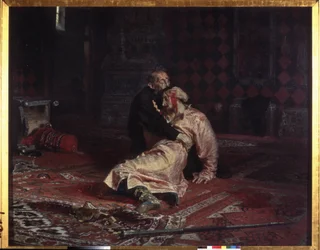 Ivan IV, o Terrível (1530-1584), abraça o seu filho Ivan Ivanovich (1554-1581), que acabou de ferir mortalmente durante uma discussão, na sexta-feira, 16 de novembro de 1581.
