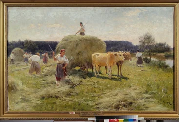 Fabricação de feno (cena agrícola de verão, camponeses recolhendo feno em uma equipe de bois) - Fabricação de feno - Pintura de Nikolai Kornilovich Pimonenko (1862-1912), óleo sobre tela