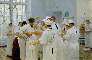 Cirurgião Ivan Pavlov (1849-1936) em uma sala de cirurgia (The Surgeon Pavlov in an Operating Room). Cercado por sua equipe médica, assistentes e enfermeiros, o cirurgião opera um paciente doente. Pintura de Ilya Yefimovich Repin (Ilia Repin) (1