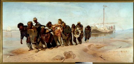 Os Barqueiros do Volga Um grupo de homens (transportadores) extrai um barco da água na Rússia - Pintura por Ilia (Ilya) Repine (1844-1930), óleo sobre tela