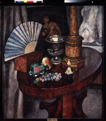 Natureza morte avec eventail (Natureza morta com um ventilador). Peinture de Ilya Ivanovich Mashkov (Ilia Machkov, Matchkov) (1881-1944), huile sur toile