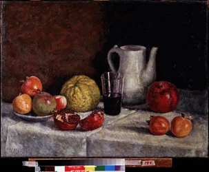 Natureza morta com uma romã. Pintura de Ilya Ivanovich Mashkov (Ilia Machkov, Matchkov) (1881-1944), óleo sobre tela, finais de 1930. Arte russa do século XX, arte soviética. Regional A. Galeria de Arte Deineka, Kursk (Rússia).