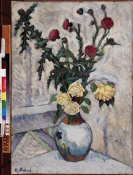 Roses et chardons (Rosas e cardos). Peinture de Ilya Ivanovich Mashkov (Ilia Machkov, Matchkov) (1881-1944), huile sur toile.