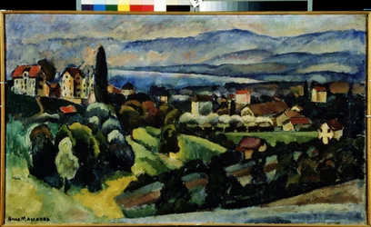 Vista da Cidade de Nervi (Itália). Descrição da paisagem e da pequena cidade na costa da Riviera italiana, perto de Génova, no Verão. Pintura de Ilya Ivanovich Mashkov (Ilia Machkov, Matchkov) (1881-1944), óleo sobre tela.