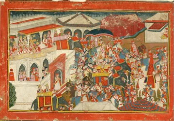 Krishna e Balarama partindo de um palácio, c. 1840