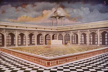 Agra: O túmulo de Akbar com os seus edifícios de mármore (fotografia a cores)