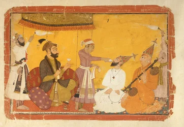 ] 7.110359 Gosain Narayan toma veneno na presença do Imperador Yahangir, Nurpur, Escola Pahari, 1725