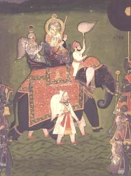 AS10 Álbum 43 no.4515 Rana Jawan Singh (1828-38) de Mewar cavalga sobre um elefante caparisoned, c.1835 (aguarela opaca)