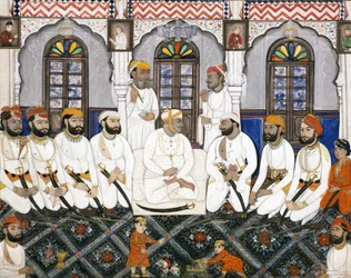 Um raja Jaipur vestido para adoração em durbar, c.1845 (wc opaca e ouro sobre papel)