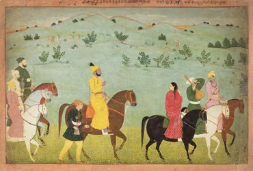Um príncipe jasrota, possivelmente Balwant Singh, em uma expedição de montaria, por Nainsukh (fl. 1740-50) Caxemira, c.1751