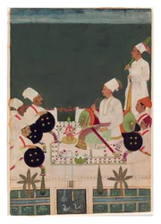 Um chefe de Rathore com seus parentes, c.1700 (wc opaca e ouro no papel)