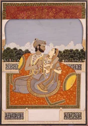 Um casal se abraça em um terraço, c.1835 (wc opaca, laca, ouro e vidro sobre papel)