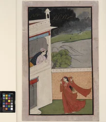 Uma senhora chega à casa de seu amante no meio de uma tempestade, por volta de 1830 (opaco w - c e dourado no papel)