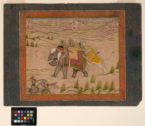 Um leão ataca um grupo de caça em cima de um elefante, c.1810 (aquarela opaca e ouro no papel)